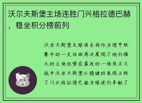 沃尔夫斯堡主场连胜门兴格拉德巴赫，稳坐积分榜前列