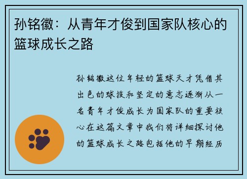 孙铭徽：从青年才俊到国家队核心的篮球成长之路